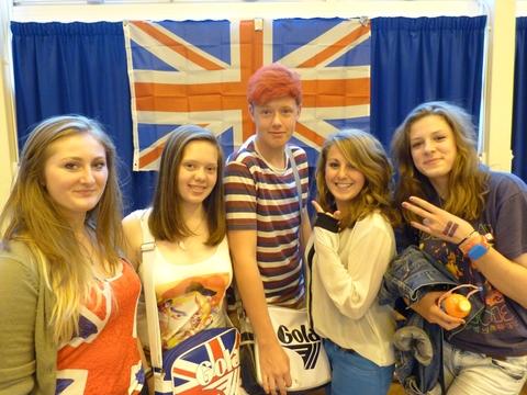 Alcester Academy students Harriet McDonald, Esther Parr, Tom Leonard, Alex Broomfield-Gull and Jess Lloyd show off their red, white and blue. Image courtesy of Helen Black.
