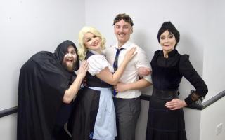 Jeremy Dobbins as Igor, Sophie Hill as Inga, Ed Mears as Frederick Frankenstein, and Liz Bird as Frau Blücher