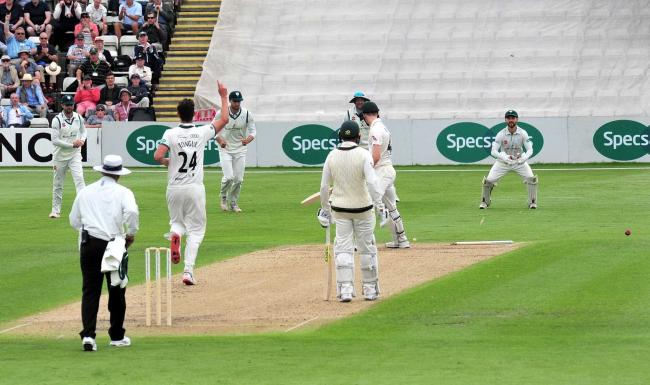 Action from day one of Worcestershire's Domestic First Class Multi Day match against Australia at New Road, Worcester.....Josh Tongue celebrates bowling Cameron Bancroft for 33...Pic Jonathan Barry 7.8.19.