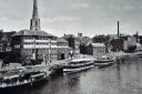 A line-up of river steamers on Worcester’s South Quay in the 1920s. Also showing a much changed Copenhagen Street