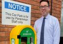 Studley housebuilder's office unveils life-saving equipment. Pictured: Russell Griffin, managing director