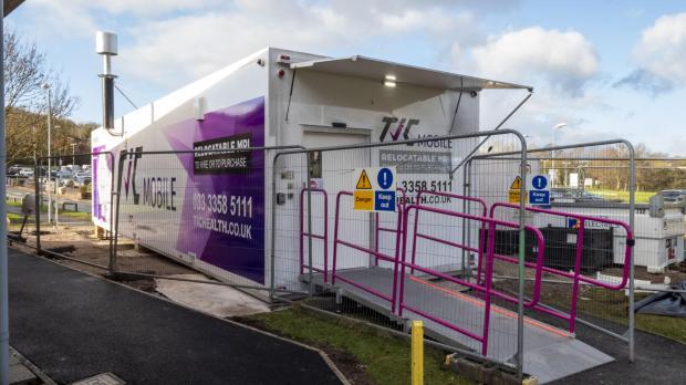Redditch Advertiser: An outside view of the mobile MRI scanner at the Alexandra Hospital.