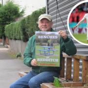 Redditch calendar king Kevin Beresford with his latest design 'Benches of Redditch'. Inset: Jack Grealish.