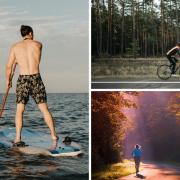 (Left) A person paddleboarding. (Top right) Someone riding a bike and (bottom right) someone running. Credit: Canva