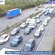 Traffic queueing at junction one of the M42